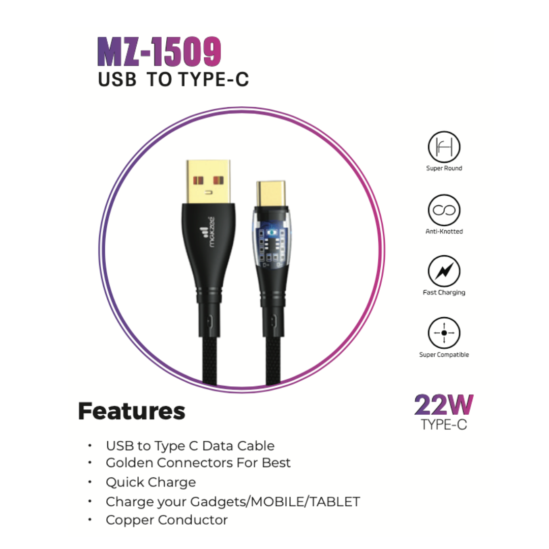 Makzee 22W A to C Cable with golden connectors and LED
