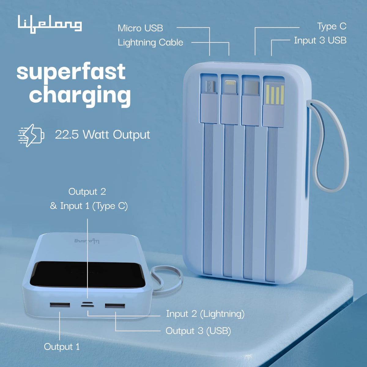 Deal-Lifelong Zen charge 20k 22.5W PD Powerbank with inbuilt cables (Mixed colors)