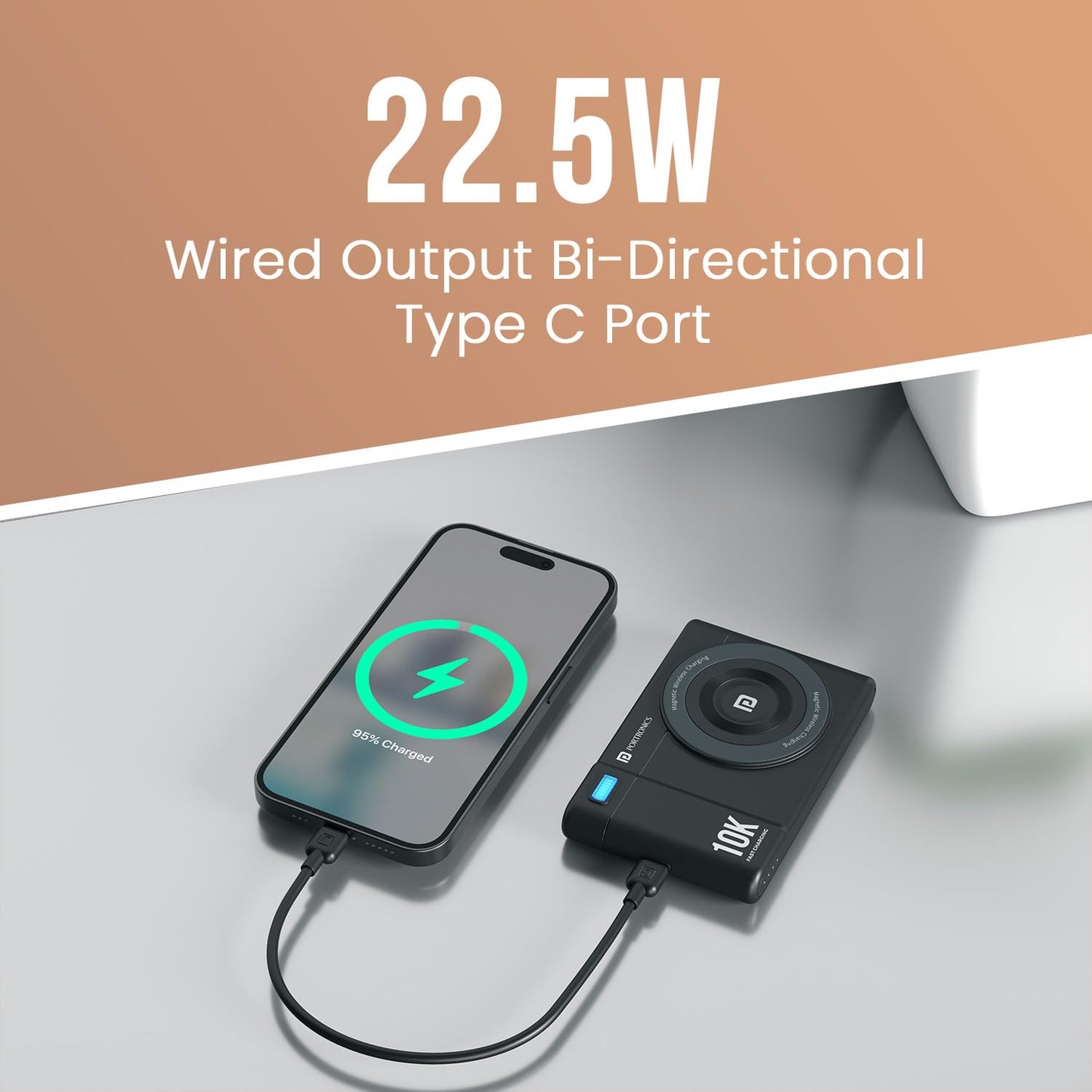 Portronics PowerShutter Air 10K 10000mAh 15W Wireless Magnetic Fast Charging Powerbank, In Built Type Cable,22.5W Type C PD Output