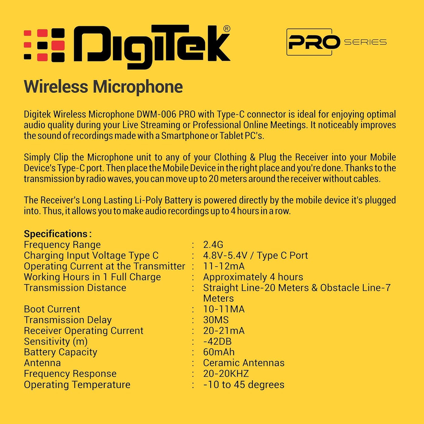 Digitek (DWM-006 PRO) Wireless Mic & Receiver with Type-C Connector