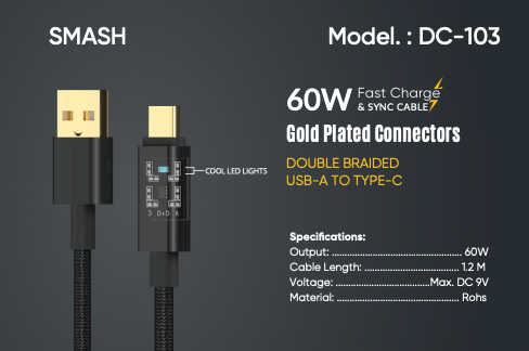 SMASH 60W GOLD PLATED A to C Cable (With LED)