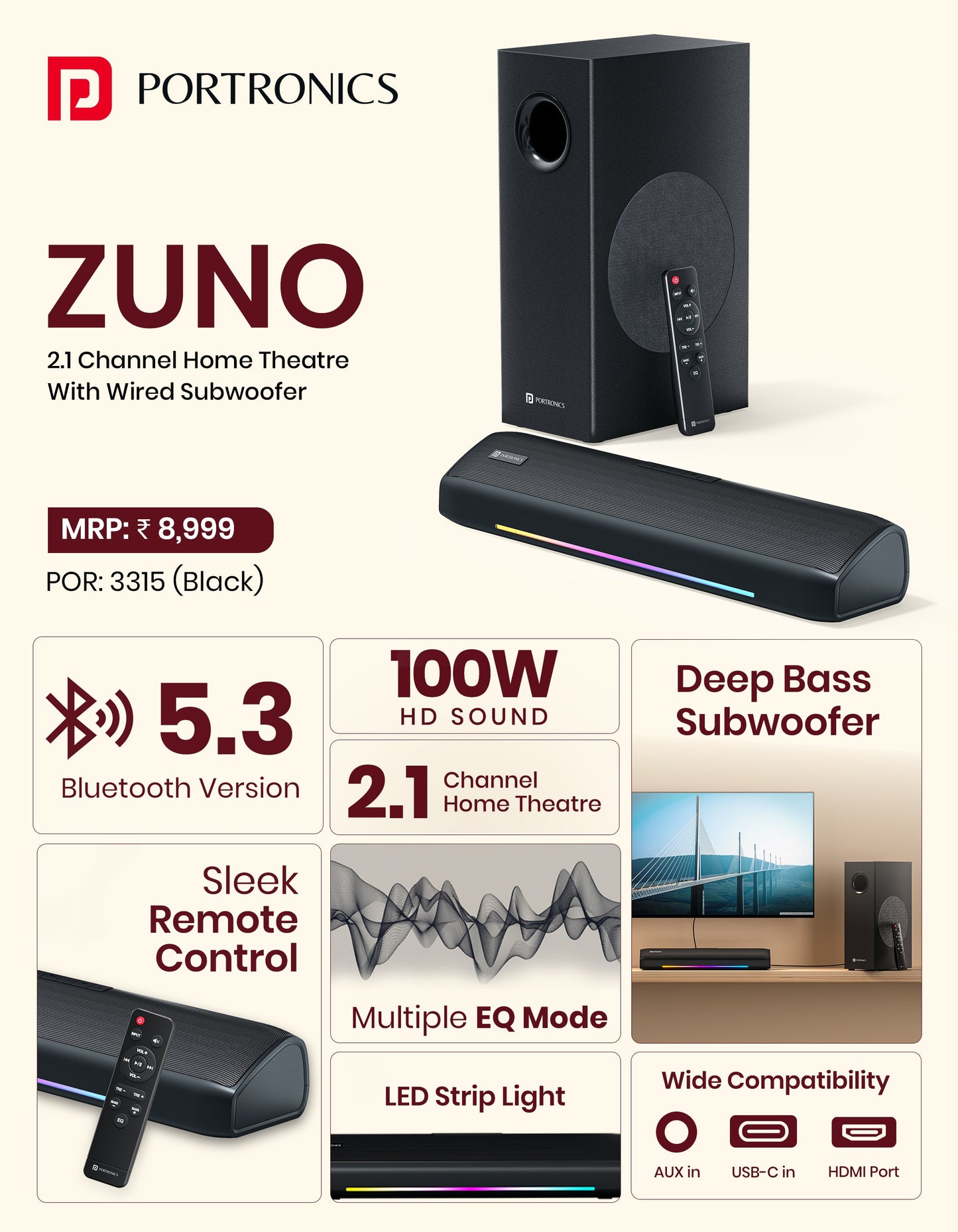 Portronics ZUNO 100W Soundbar with Subwoofer