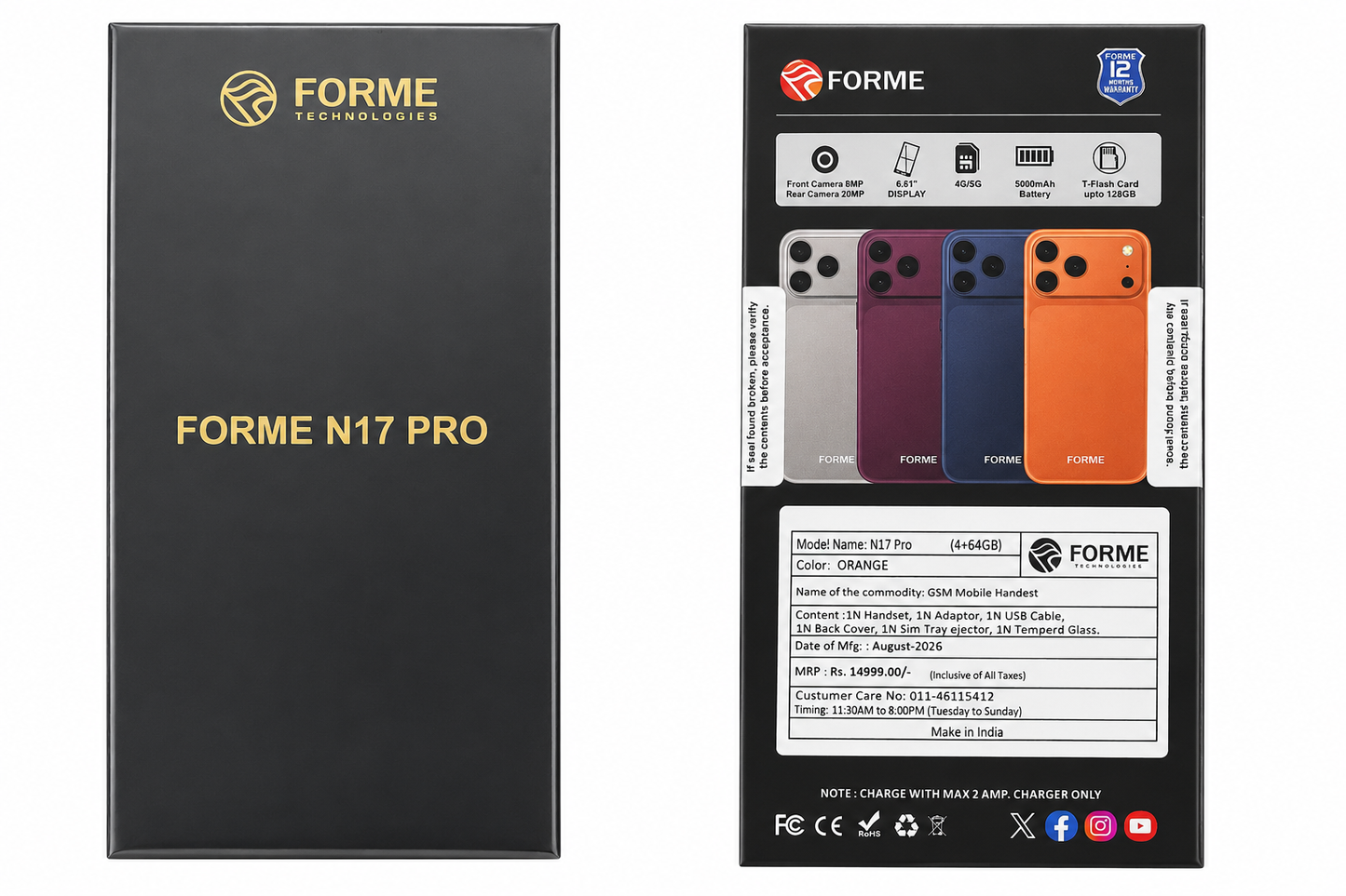FORME N17 Pro Orange | 4GB RAM + 64GB Storage | 6.61" Display | 5000 mAh Battery | 20MP Rear Camera | 8MP Front Camera