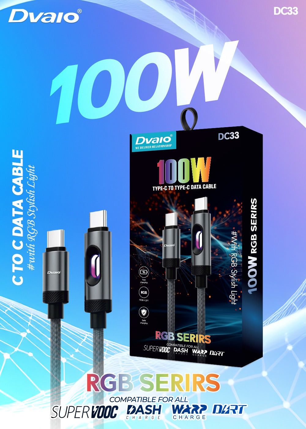 Dvaio 100W C to C SuperVooc Data Cable (Stylish RGB Light) Braided Series
