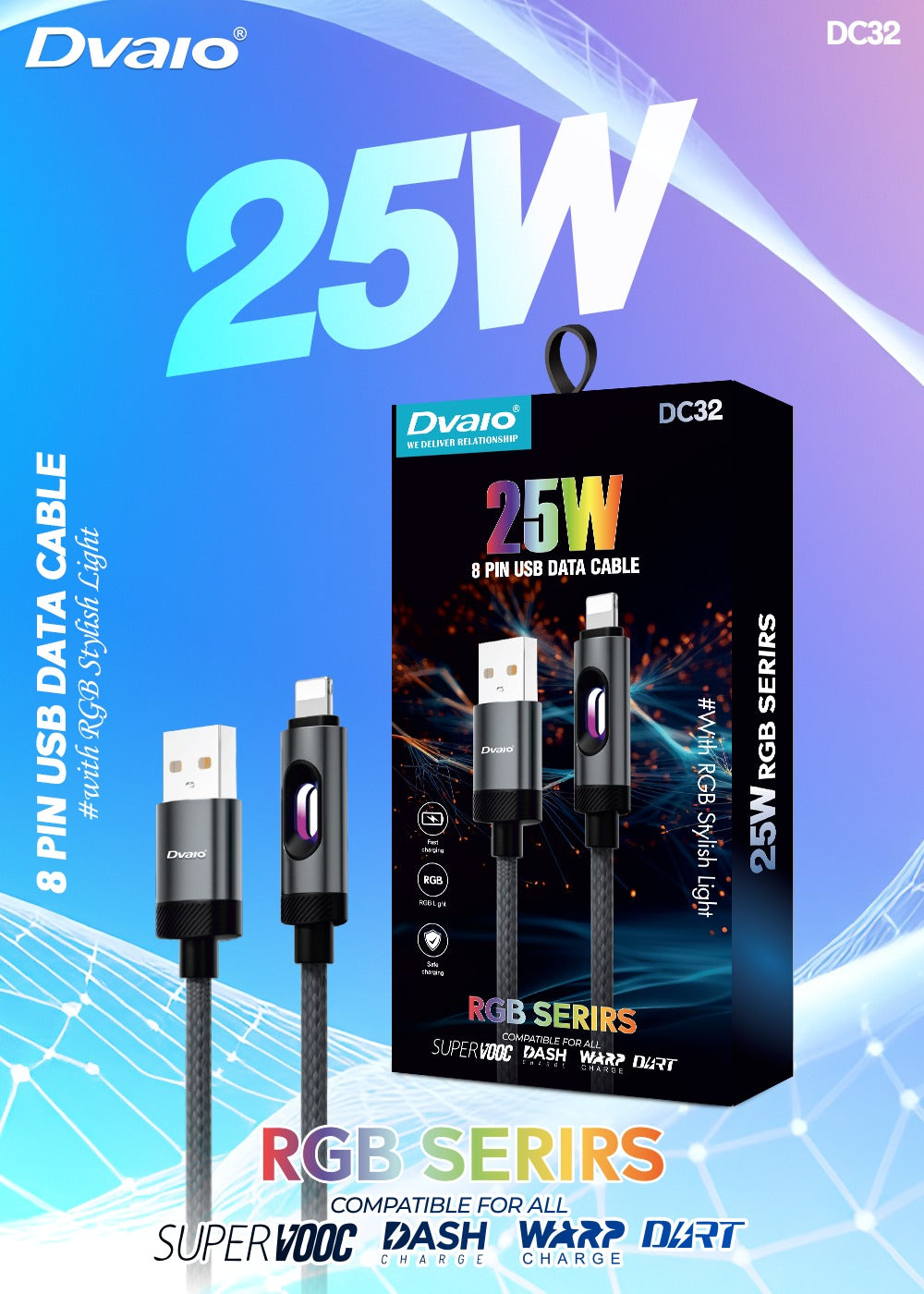 Dvaio 25W Usb to lightning iPhone Data Cable (Stylish RGB Light) Braided Series