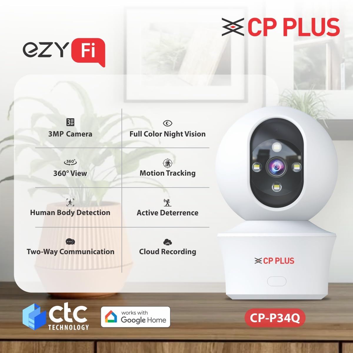 CP PLUS 3MP Smart Wi-Fi CCTV Camera 360° Pan & Tilt | View & Talk | Night Vision 30 Mtr | EZ-P34Q