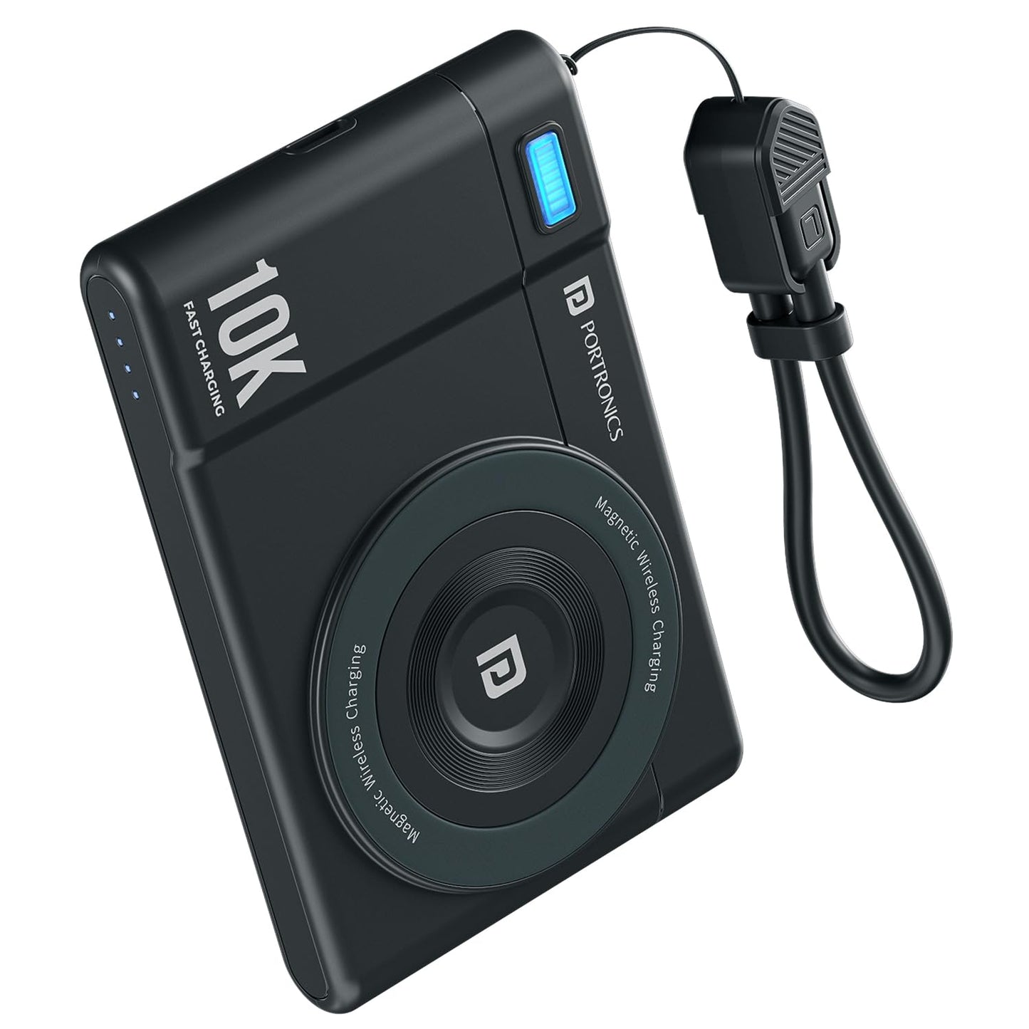 Portronics PowerShutter Air 10K 10000mAh 15W Wireless Magnetic Fast Charging Powerbank, In Built Type Cable,22.5W Type C PD Output