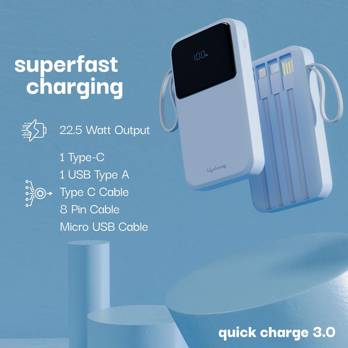 Deal-Lifelong Zen charge 10k 22.5W PD Powerbank with inbuilt cables (Mixed colors)