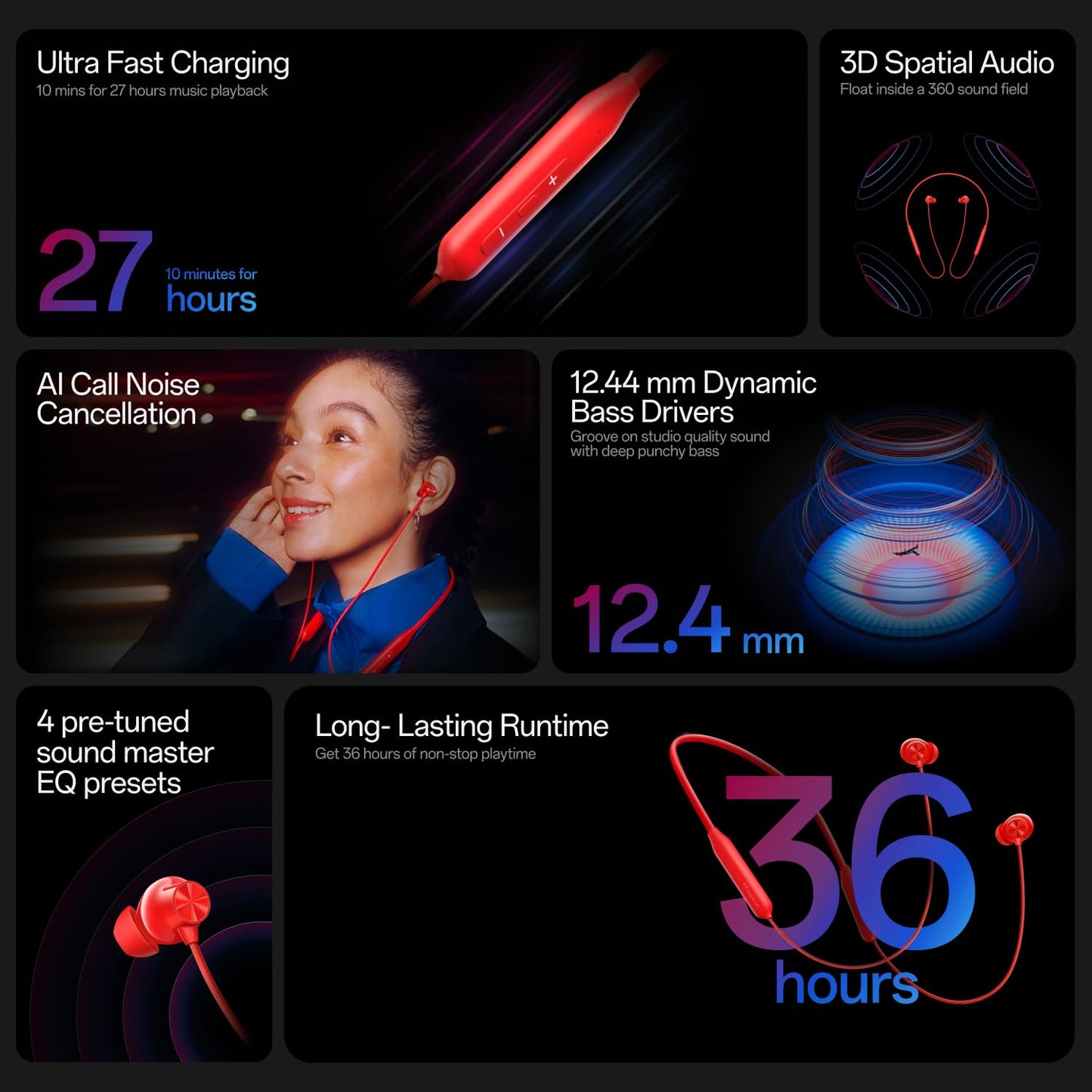 OnePlus Bullets Wireless Z3,12.4Mm Drivers, 3D Spatial Audio,AI Call Noise Cancellation (Mix Colors)