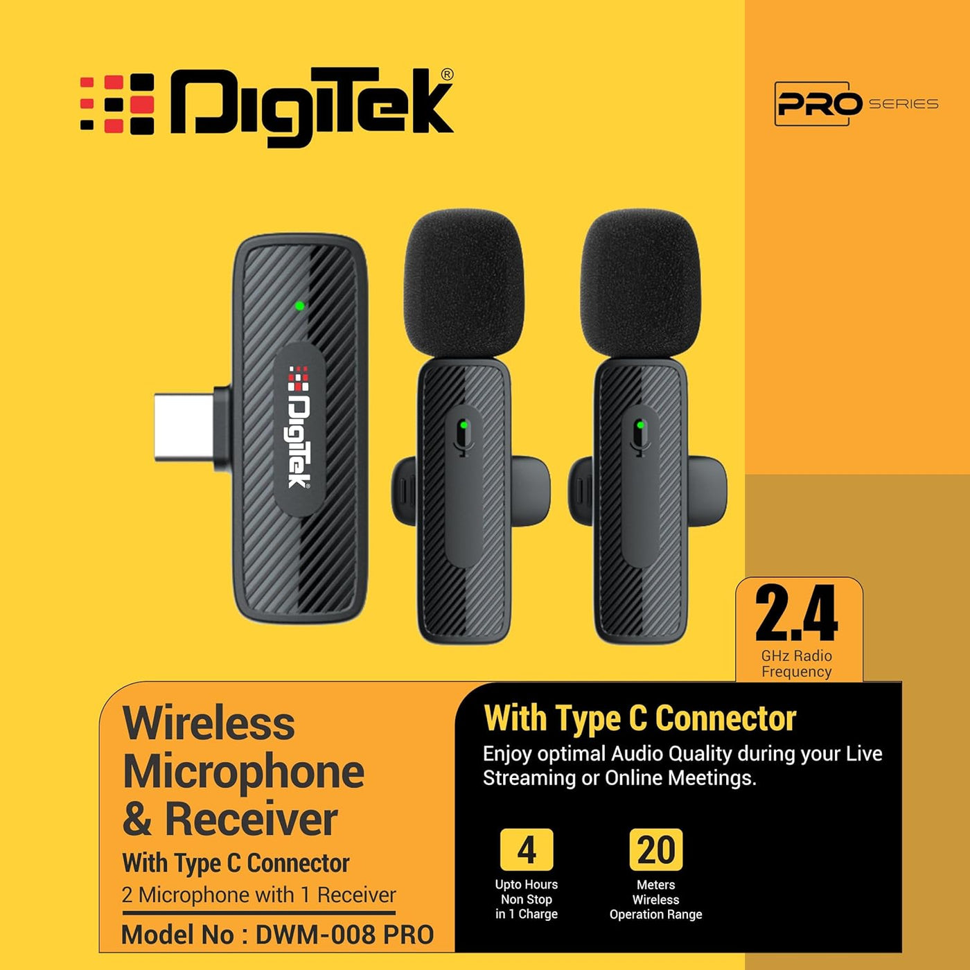 Digitek (DWM-008 PRO) Wireless Mic & Receiver with Type-C Connector, 2x Mic System