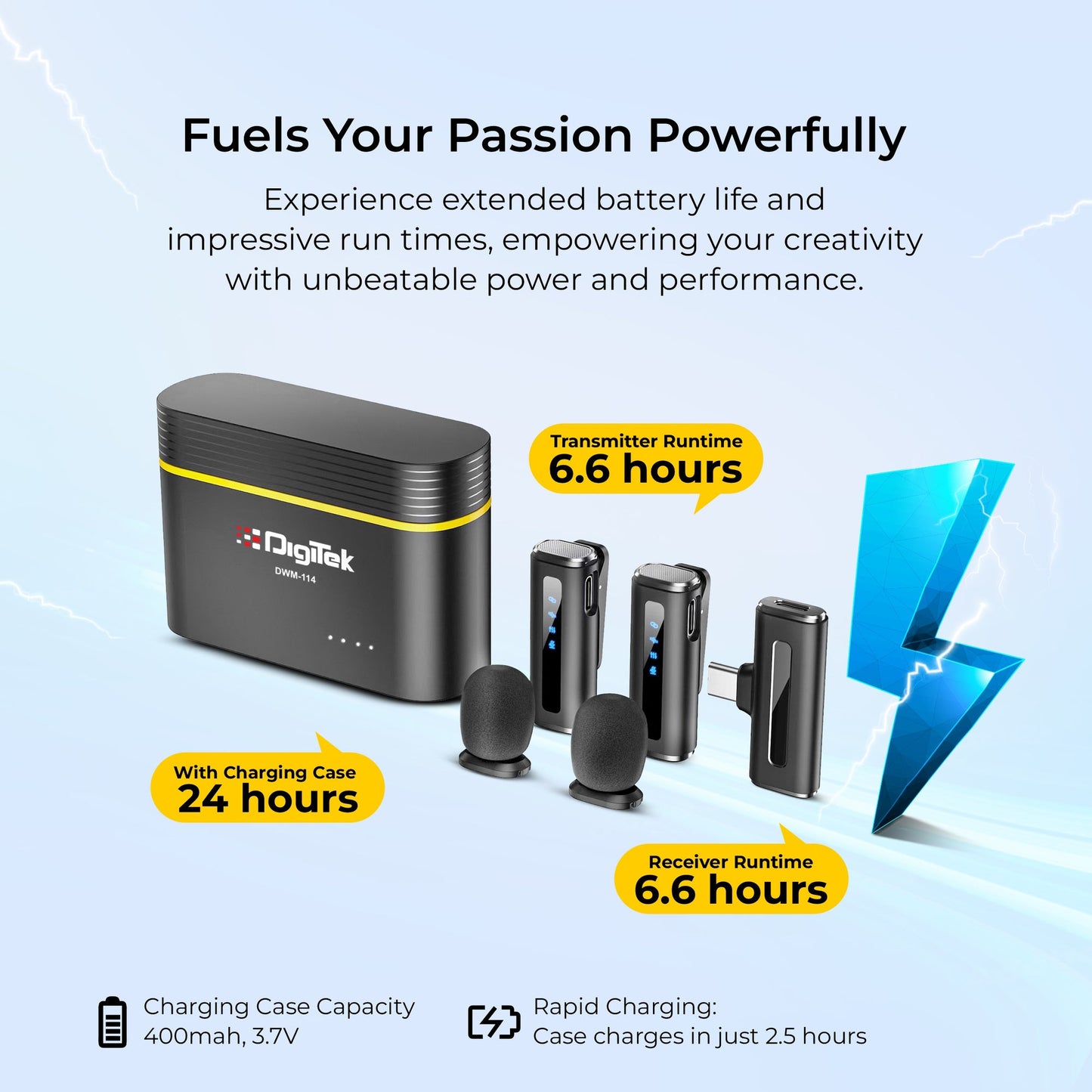 Digitek (DWM-114) 2-in-1 Wireless Microphone, 2.4GHz, 6.6Hr Battery, Noise Reduction