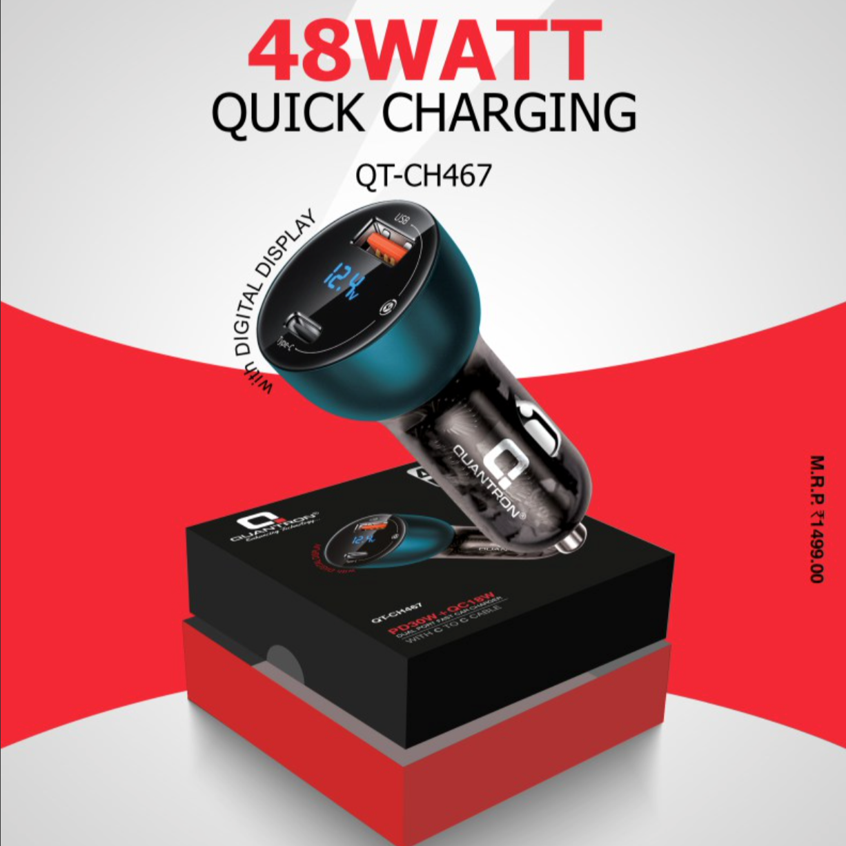 Quantron 48W Quick car charger with C to C cable