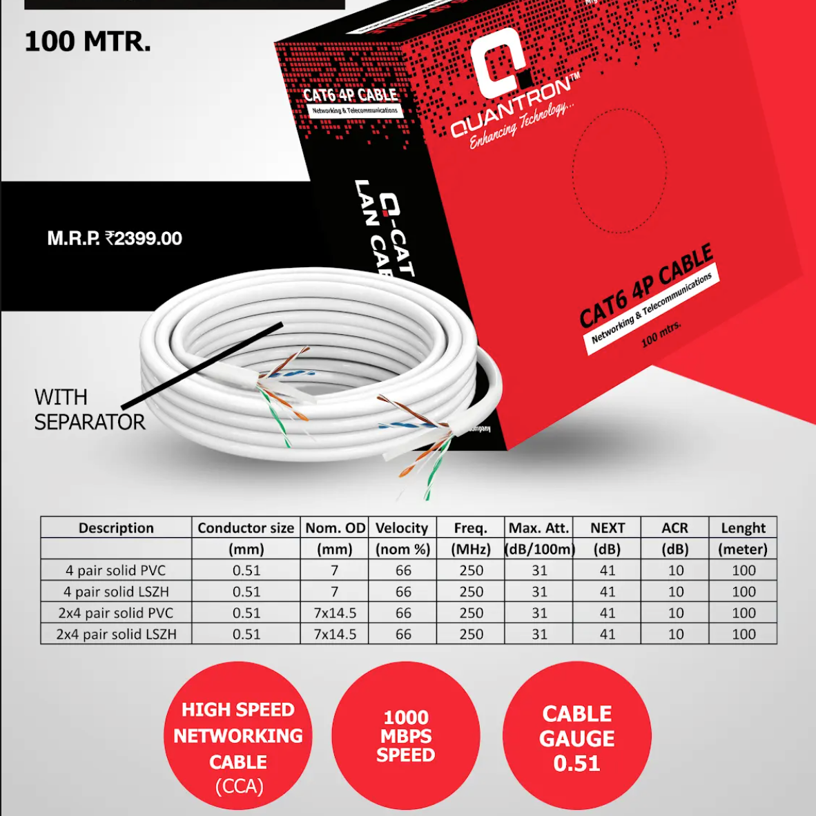 Quantron CAT6 100M 4 Pair UTP Cable (Unshielded Twisted Pair)