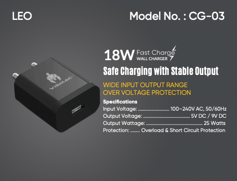 VISMAC LEO 18W Charger with Micro USB cable (V8)