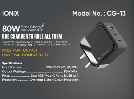 VISMAC IONIX 80W ALL IN ONE FAST CHARGER (Triple port)