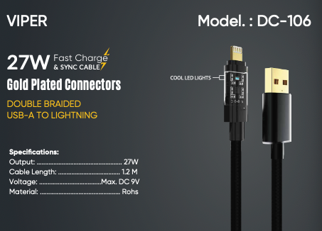 VIPER 27W USB-A To Lightning GOLD PLATED CONNECTOR