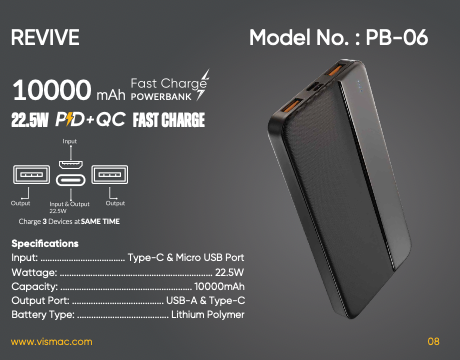 VISMAC REVIVE 22.5W PD+QC 10000mAh POWER BANK