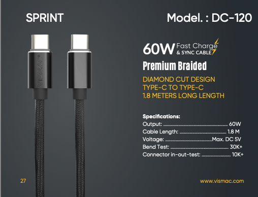VISMAC SPRINT TYPE-C TO TYPE-C DATA CABLE 1.8 MTR