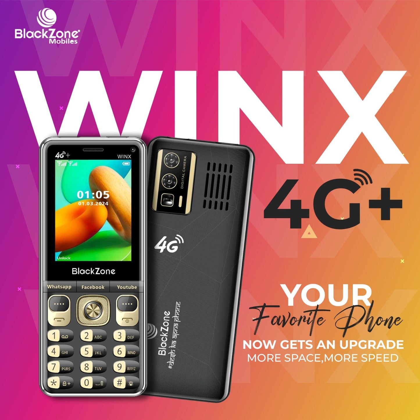 BlackZone WINX 4G PLUS Volte with 2.8 Inch keypad ,Touch Screen & Support all Android Features (Black/Gold)