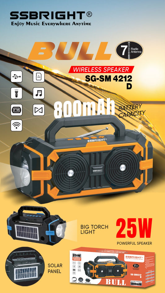 SSBright Bull 25W Speaker with solar panel,torch and FM antenna