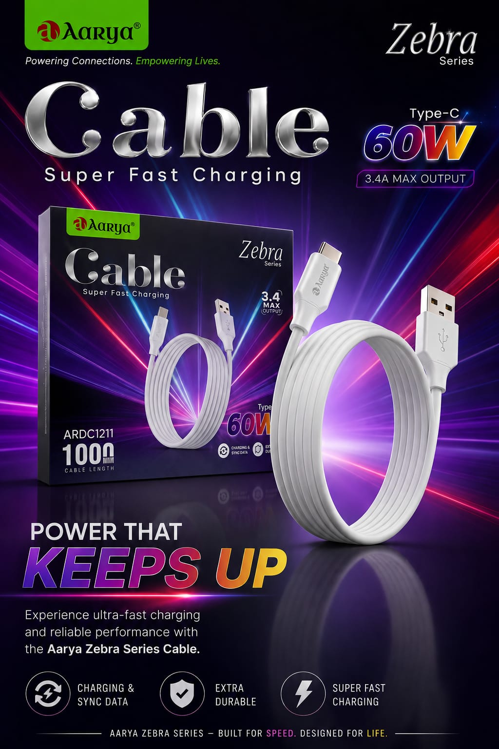 Aarya Zebra series 3.4A Type-C Data cable