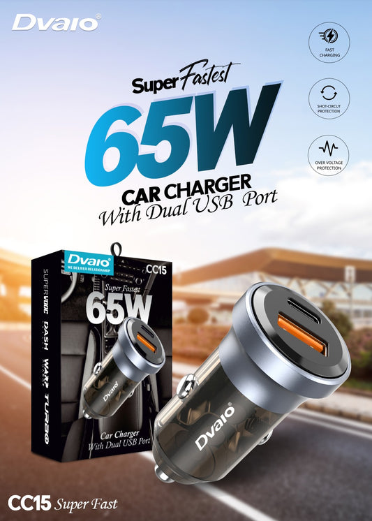 Dvaio 65W Car charger with USB+Type-C output (All protocol - SuperVooc Dash Wrap Dart)