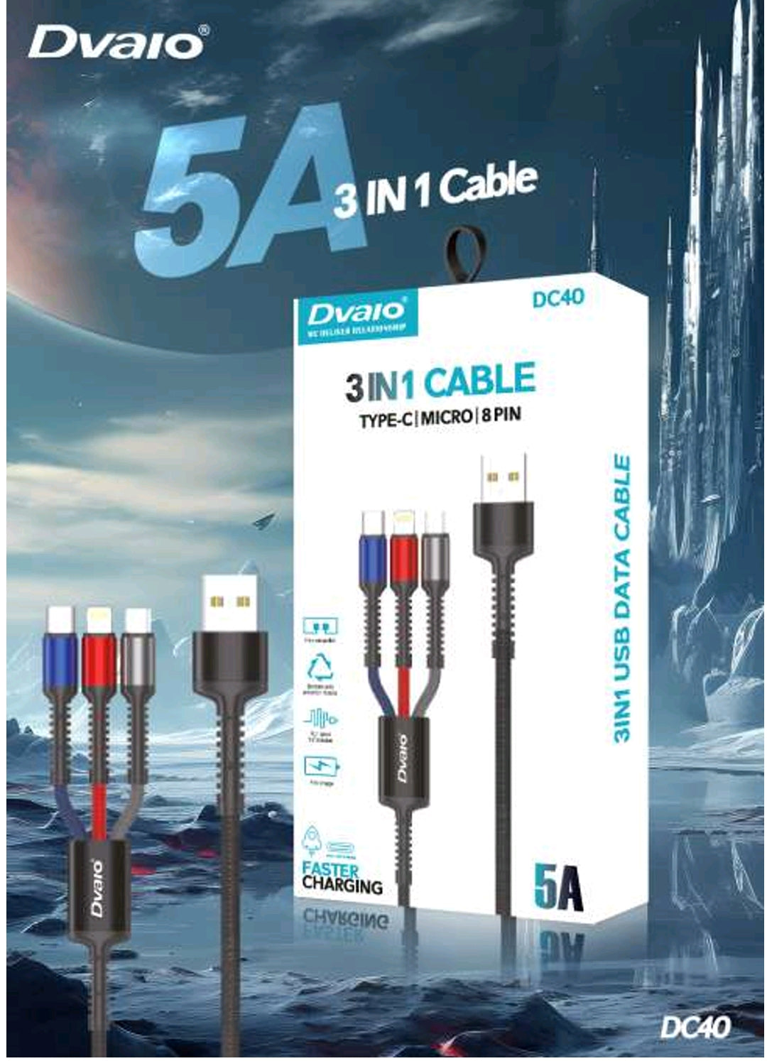 Dvaio DC-40 3 IN 1 USB Data Cable 5A (Type-C, Micro, 8 Pin)