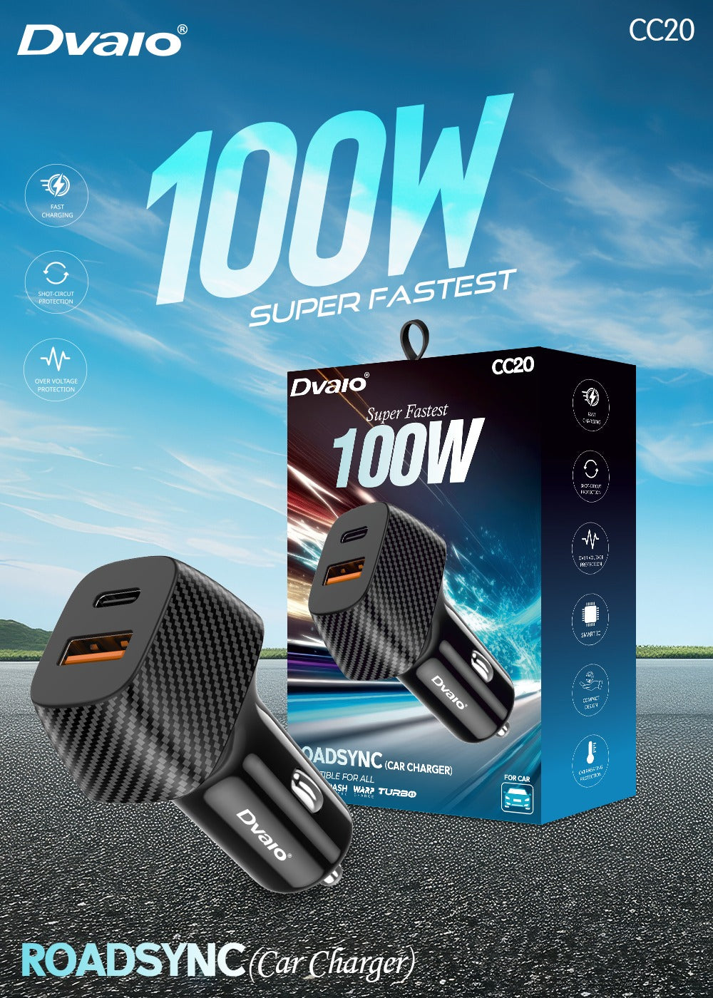 Dvaio 100W Car Charger with USB+Type-C output