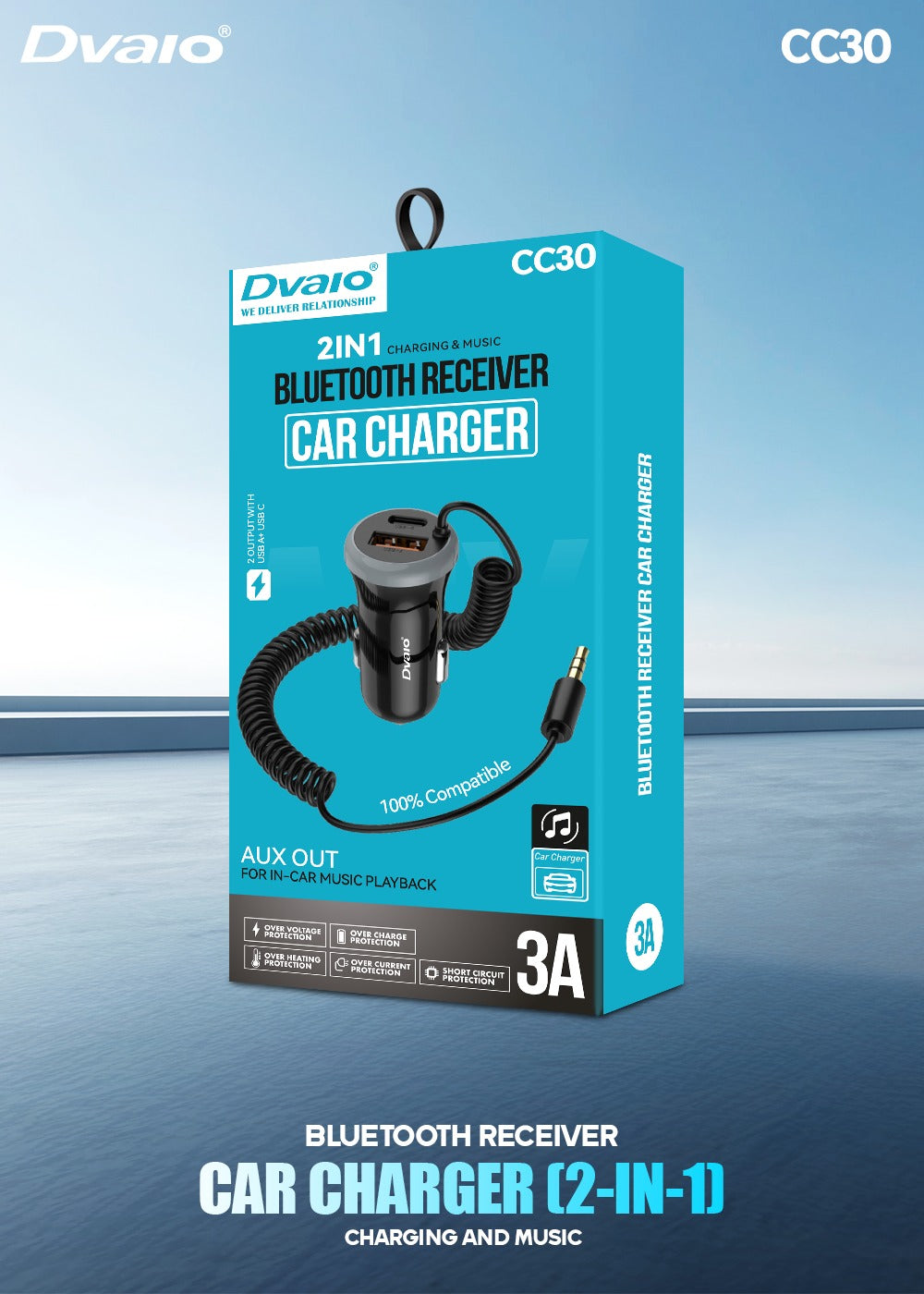 2 in 1 - Bluetooth Receiver and Car Charger 3A (Aux Cable Music Play)