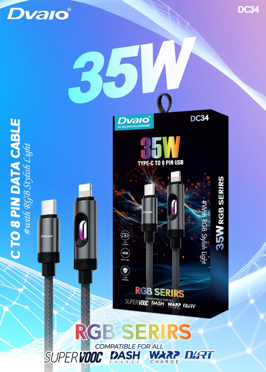 Dvaio 35W C to lightning iPhone Data Cable (Stylish RGB Light) Braided Series