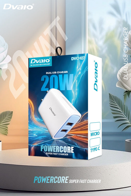 Dvaio 20W Dual USB PowerCore Superfast Charger (Type-C Cable)